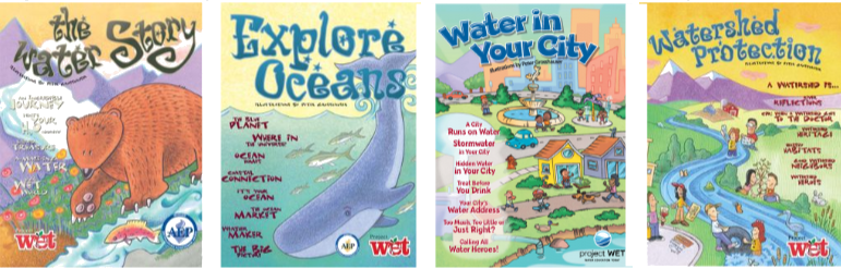 Cover images of sample childrens activity boooklets. Titles are 'The Water Story', 'Explore Oceans', Water in Your City', and 'Watershed Protection'