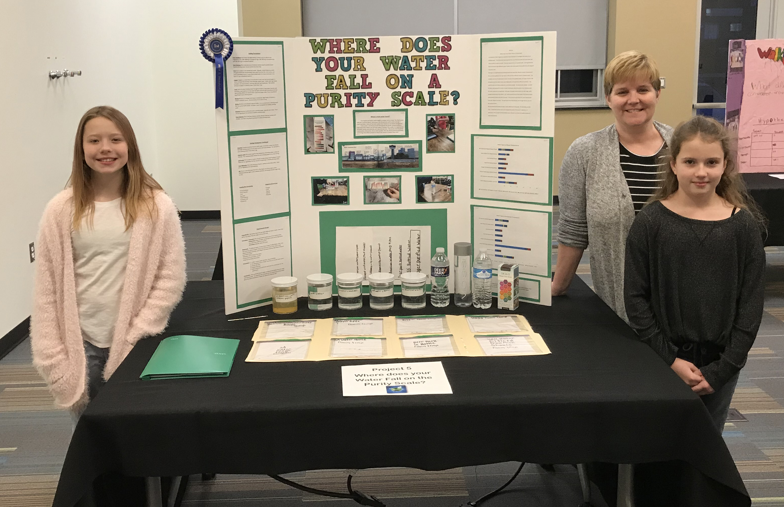 Students from Lakewood Elementary and teacher Jodi Ballard, pose with their project, 'Where Does Your Water Fall on a Purity Scale?'