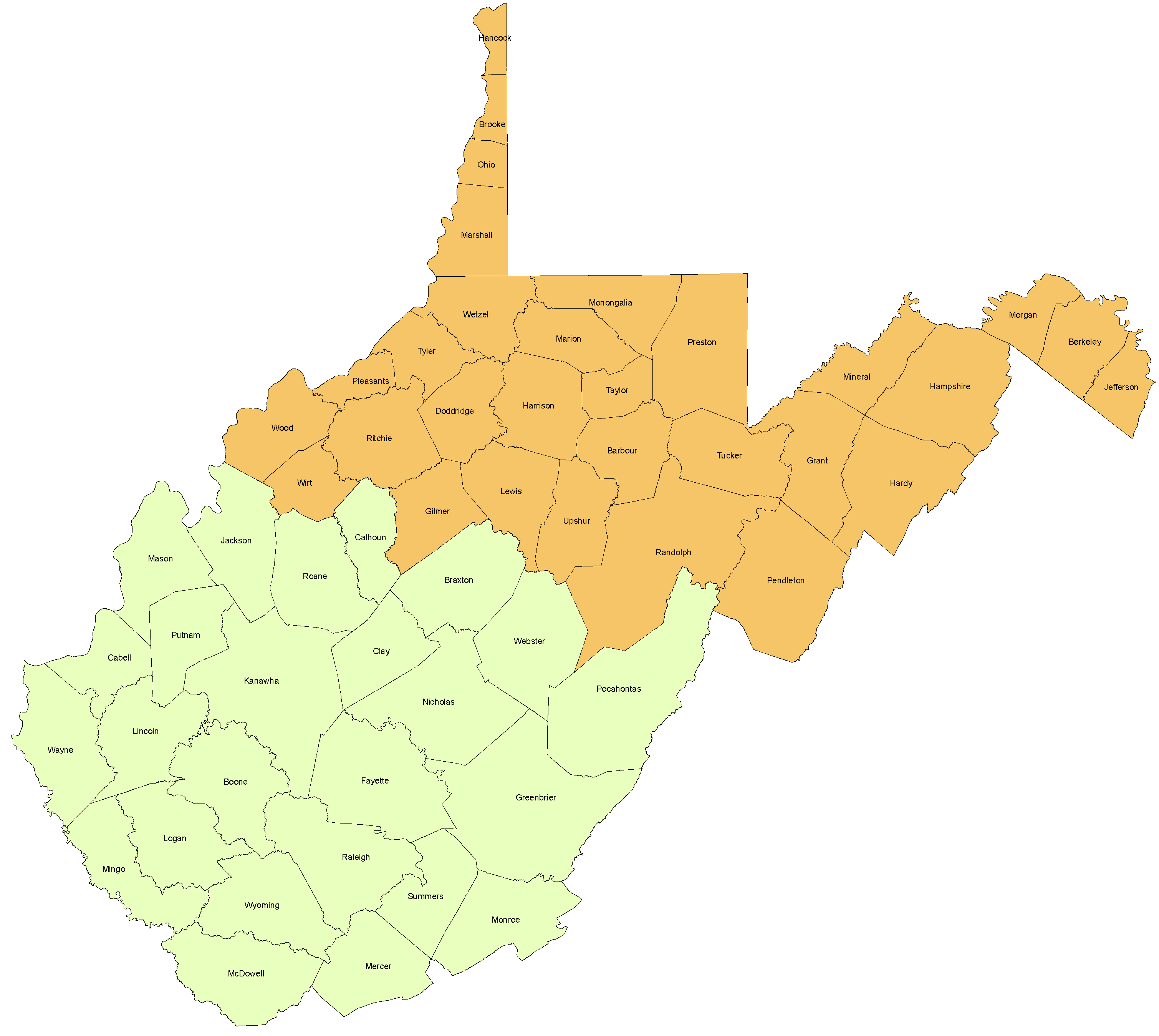 Map of West Virginia showing AML regions
