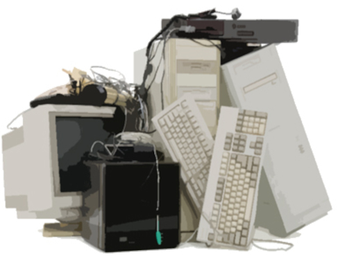 Stacks of old computer hardware classified as e-waste